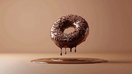 A delicious chocolate-glazed donut dripping with rich chocolate sauce, floating above a smooth brown surface. 3D Illustration.