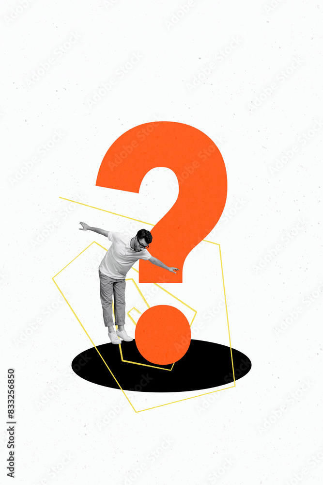 Poster vertical image collage falling ban balance question mark find answer ask dilemma problem solution un