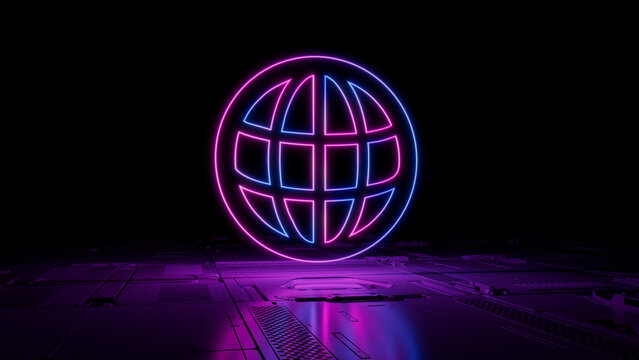 Pink and Blue Internet Technology Concept with web symbol as a neon light. Vibrant colored icon, on a black background with high tech floor. 3D Render