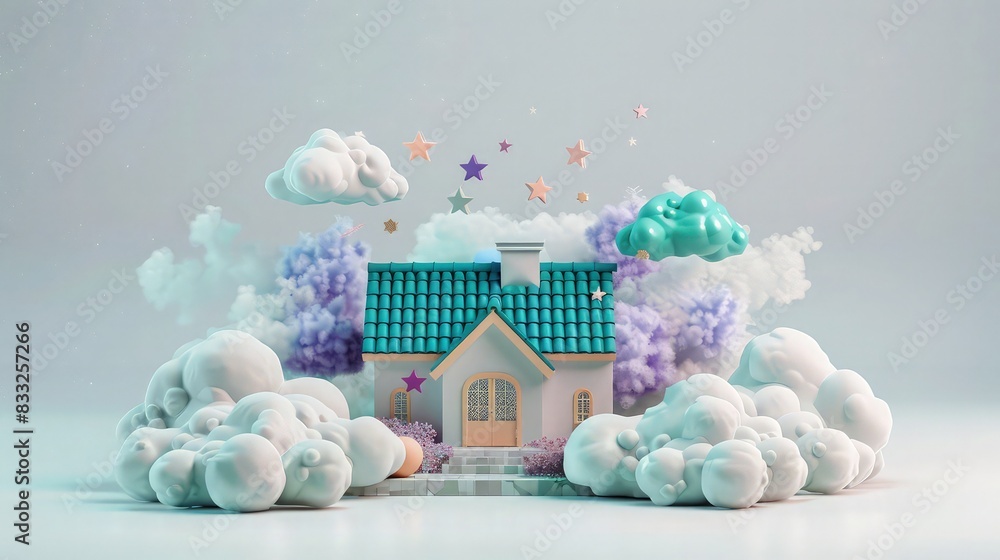 Poster a serene house model with a rooftop adorned with teal and violet clouds and playful little stars, is