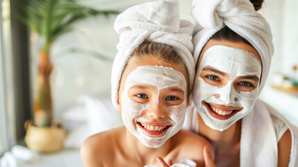 Mom and her daughter having fun together, making clay facial mask wearing bathrobes. Mother with child doing beauty treatment together. Family time, spa, beauty routine, mothers day, cosmetics sale