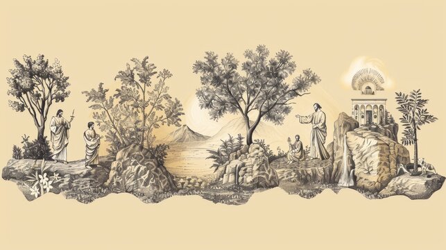 Biblical Illustration of Mark 4: Parables of Kingdom of God, Sower, Growing Seed, Mustard Seed on Beige Background with Copyspace