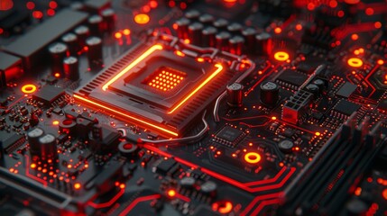 Fototapeta premium Glowing red circuits of an intricate electronic motherboard