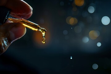 Obraz premium Hand holding a drop of vitamin E oil in liquid form Focuses on purity and has the potential to nourish the skin.