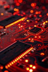 Glowing red circuits of an intricate electronic motherboard