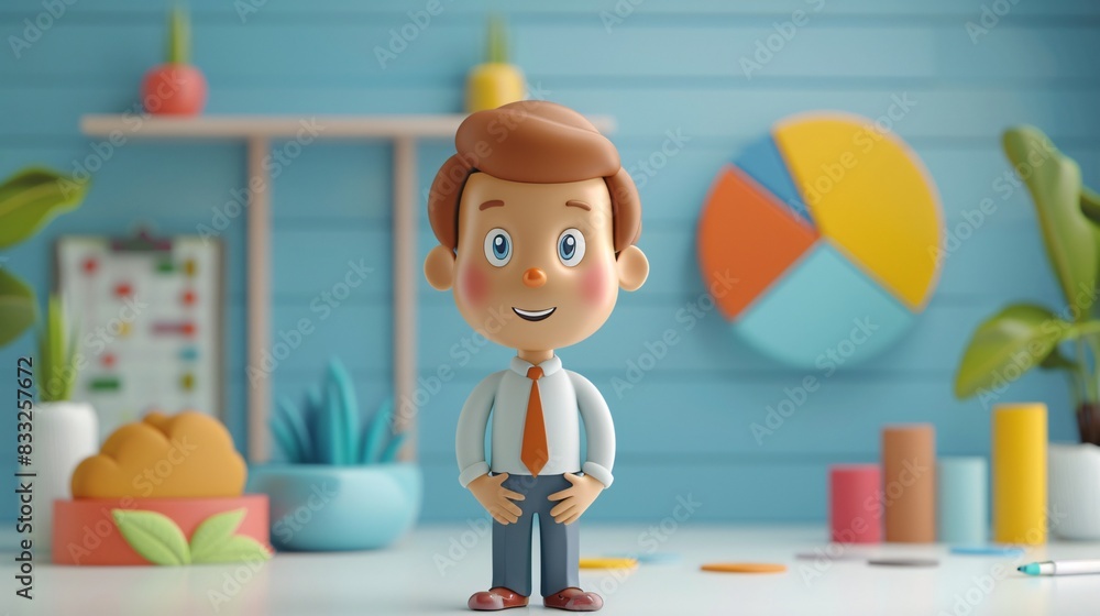 Poster animated character of a businessman in a colorful office setting surrounded by charts and plants, re