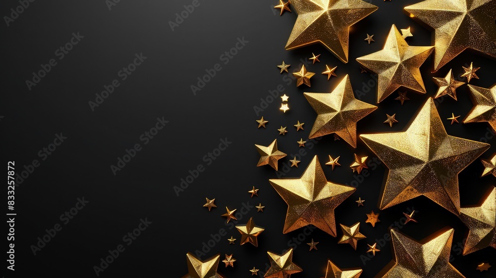 Poster a sleek and modern background featuring shiny golden stars arranged in a random pattern on a pure bl