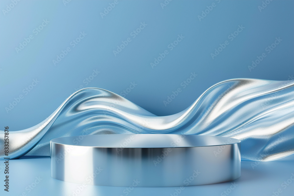 Wall mural luxurious podium with fluid silver waves. blue background. ideal for highlighting premium goods in a