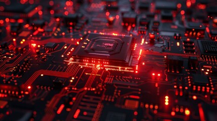 Obraz premium Glowing red circuits of an intricate electronic motherboard