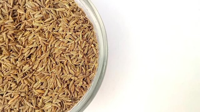 Half of circle shaped Cumin seeds glass bowl in the left half of the frame, rotating, isolated on the white background, closeup, herbs and spices