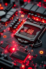 Fototapeta premium Glowing red circuits of an intricate electronic motherboard