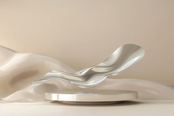 Stunning podium, featuring a sleek silver liquid wave on a beige textured background. Perfect for accentuating the elegance of high end goods. Empty scene. Stage, display, showcase.