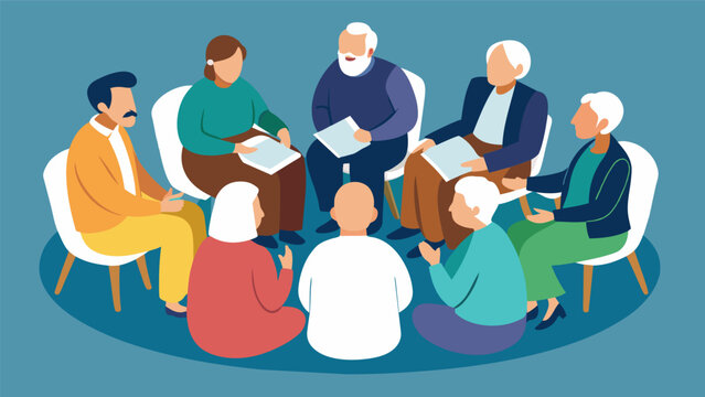 The group of church elders sat in a circle taking turns sharing personal stories of how the church had impacted their lives and discussing ways to. Vector illustration