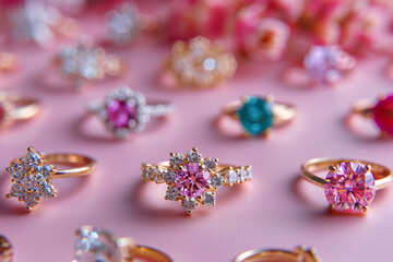 Fototapeta premium Jewlery collection for women,girls, teens, jewelery photography isolated on pink backdrop.