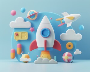 Colorful 3D illustration of a rocket launching with planets, clouds, and space elements in a playful design. Perfect for kids' space themes.