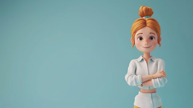 Cheerful animated girl character with arms crossed on a blue background. Ideal for advertisements, promotional materials, and creative projects. 3D Illustration.
