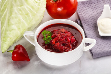 Borsch soup with cabbage and beetroot