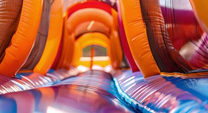 Closeup of bounce house being inflated. Concept Inflatable Fun, Bounce House, Air Pump, Outdoor Activity