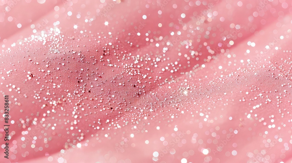 Poster a soft pink paper background sprinkled with fine glitter, creating a shimmering surface that reflect