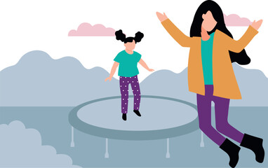 The daughter is jumping on the trampoline.