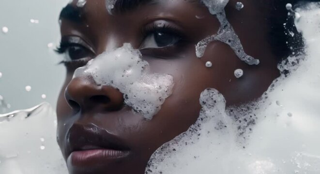 Black woman showcases soap foam on her face for a soap advertisement. Concept Beauty Products, Advertisement Photography, Soap Foam, Black Woman, Skincare Products