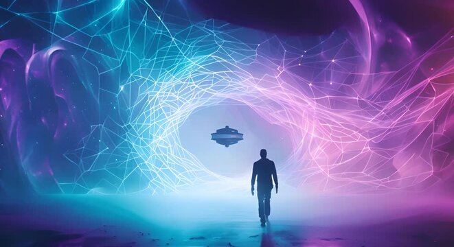 Man's Silhouette in Front of Enormous UFO Created Using Neural Network Technology. Concept Artificial Intelligence, Science Fiction, Unusual Photography