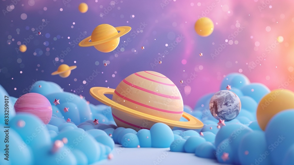 Poster colorful 3d rendering of planets in space with soft clouds and a vibrant, dreamy background. perfect