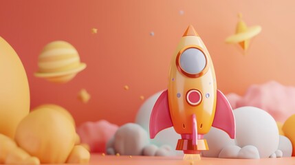 Colorful cartoon rocket in a whimsical space scene with planets and clouds, evoking a childlike sense of wonder and adventure.