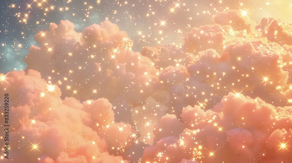 Poster a backdrop of glinting stars and artificial clouds against a backdrop of soft coral, creating a warm