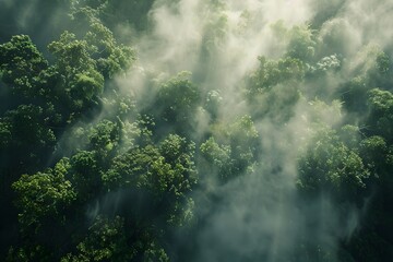 Mystical Forest Scene with Sunlight and Fog. Nature's Beauty Captured in Tranquil Setting. Ideal for Backgrounds and Wallpapers. Generative AI