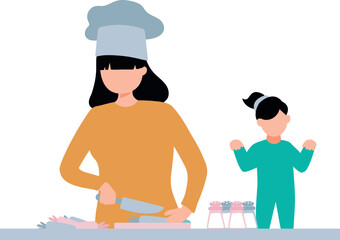 The mother is cutting the vegetables.