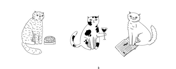 Set of cute doodle cats. Cozy home, lazy pets. Hand drawn vector illustration.