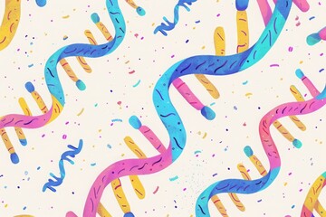 Obraz premium Colorful DNA helix pattern illustration with vibrant, playful design elements perfect for scientific or creative uses.