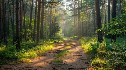 Obraz premium Scenic forest path bathed in golden sunlight, surrounded by lush greenery and tall trees, creating a tranquil nature atmosphere.