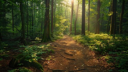 Obraz premium A serene forest path with sunlight streaming through the trees, creating a peaceful and inviting scene in nature.