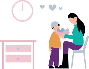 The son is giving gift to mother.