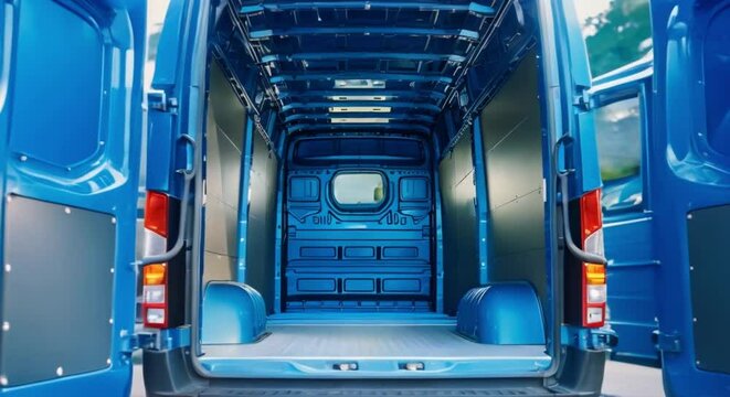 Blue van and logistics truck with open trunks seen from behind. Concept Vehicles, Logistics, Transportation, Open trunks, Blue Color