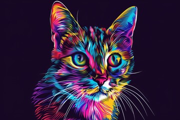 Pop-art portrait with splatters of watercolor shows a cat in neon colors over a black backdrop. CG animation.