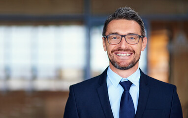 Businessman, manager and portrait of smile in office with confidence for employee in finance...