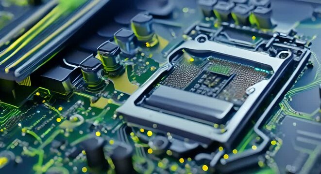 An In-Depth Look at the Circuitry of a High-Performance GPU Chip on a Green Motherboard. Concept Technology, Circuitry, GPU Chip, High-Performance, Green Motherboard