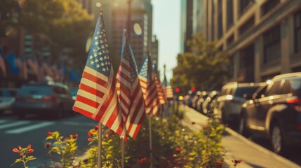 Naklejka premium A row of American flags lines a city street on Memorial Day.