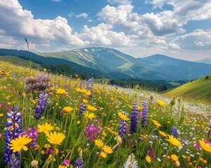 A vibrant meadow of wildflowers in bloom with mountains in the background and a partly cloudy sky. Perfect nature, landscape, and travel imagery. © LittleDreamStocks