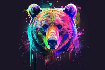 The pop art picture shows a bear's head framed by neon and watercolor splashes on a black background