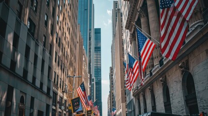 A row of American flags lines a city street on Memorial Day.