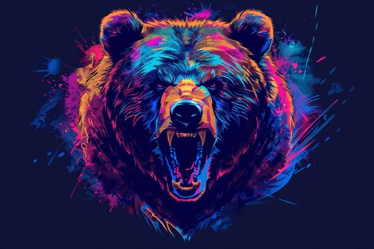 An expressive picture of a bear with a multicolor pattern on a dark brown background.