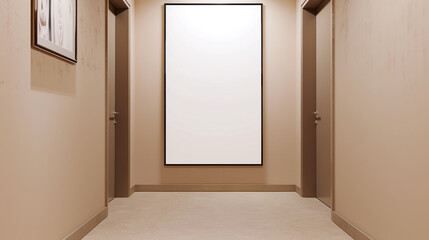 Expansive rectangular blank frame mockup in an ultra-minimalist beige corridor setting.