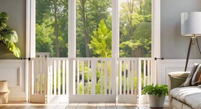 White collapsible gate for versatile security in any setting. Concept Versatile Security, Collapsible Gate, White, Setting-Specific, Safety Measures