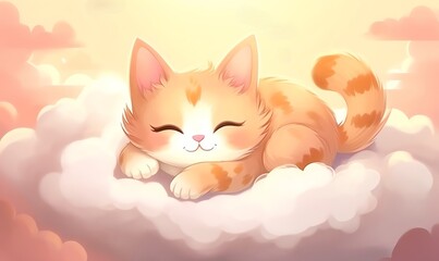 A happy cat sleeping on a cloud in a sunset watercolor illustration