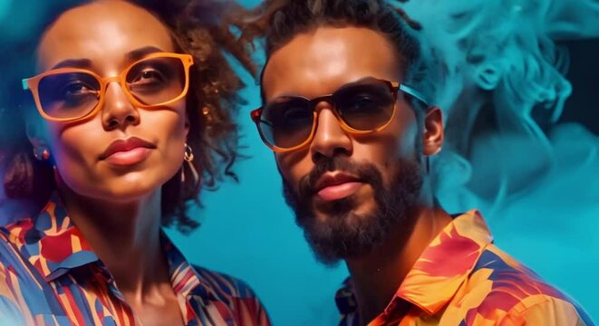 Stylish Studio Shoot: Retrowave Fashion Couple in Vibrant Clothing. Concept Retro Futuristic, Neon Lights, 80s Style Fashion, Dramatic Lighting, Colorful Backgrounds