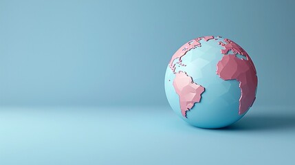 Minimalistic globe with pink continents and blue oceans, symbolizing global connection and international relations on a pastel background. 3D Illustration.